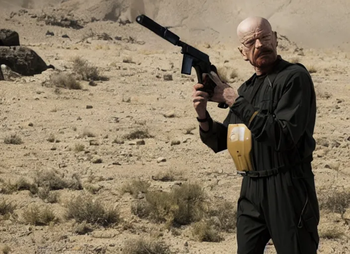 Image similar to film still of Walter White as Gordan Freeman wearing Black Mesa Jumpsuit in the Half Life Movie, 4k