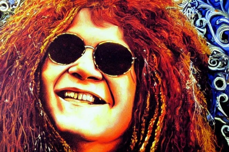 Image similar to highly detailed oil painting of janis joplin playing in woodstock, very realistic, top view, art nouveau, dramatic light,