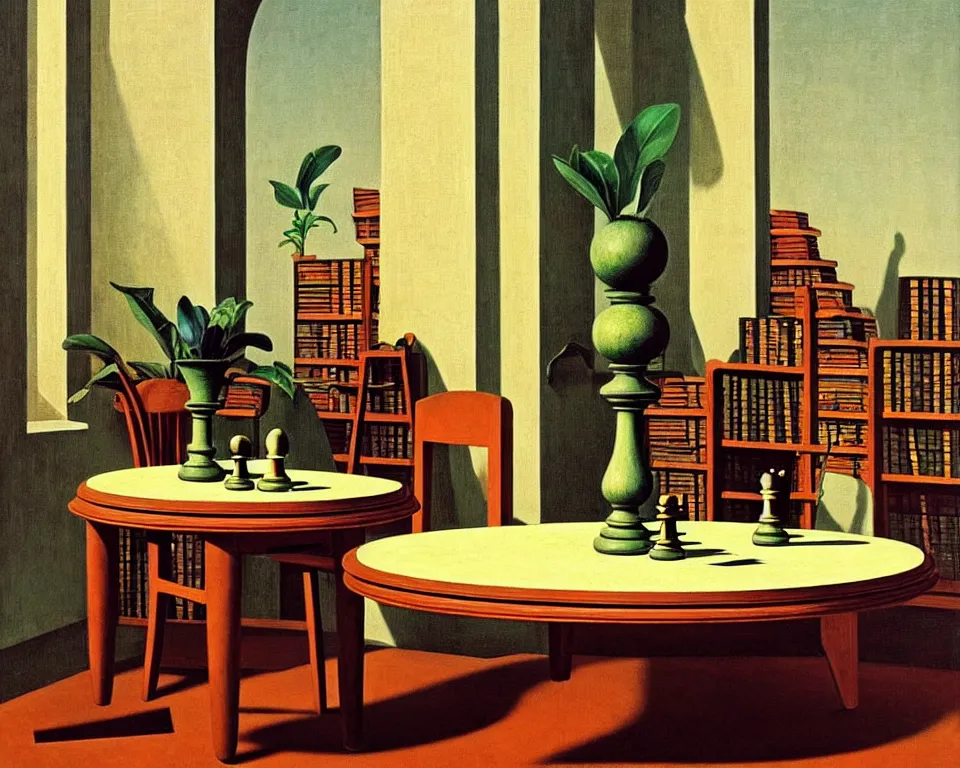 Prompt: an achingly beautiful print of a library teeming with vibrant books, classical antiquities, and potted plants. Featuring a modernist chess-set on a round table by Raphael, Hopper, and Rene Magritte. detailed, romantic, enchanting, trending on artstation.