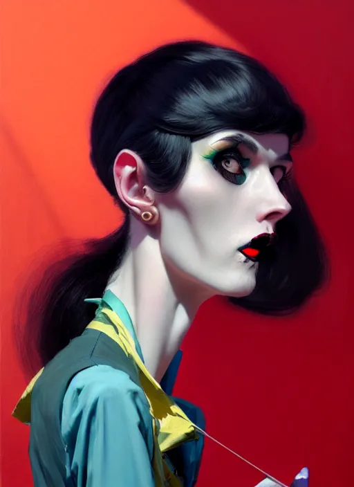 Image similar to portrait of a lanky woman with a crooked nose and a confident expression, 1 9 6 0 s, colorful clothes, goth, punk, funk, intricate, elegant, highly detailed, digital painting, artstation, concept art, smooth, sharp focus, illustration, art by wlop, mars ravelo and greg rutkowski