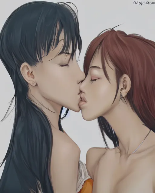 Image similar to portrait of a girl kissing another girl on the neck, anime, trending on Artstation
