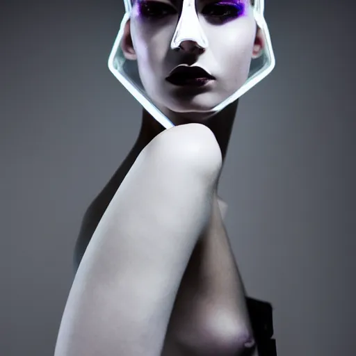 Image similar to high fashion photography of a model in neo futurism white sci - fi makup, transparent cloth, beautifully lit