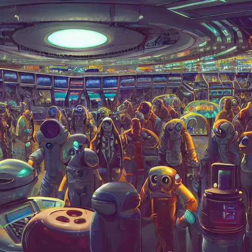Prompt: crowded used future casino, robots humans and extraterrestrials, on a crowded space station, jim henson creature shop, 1 9 8 0 s science fiction, 1 9 7 0 s science fiction, alien 1 9 7 9, cyberpunk, 3 d oil painting, depth perception, 4 k, artstation