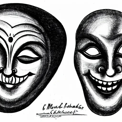 Image similar to an ink drawing of cracked comedy and tragedy theater masks, elaborate detail