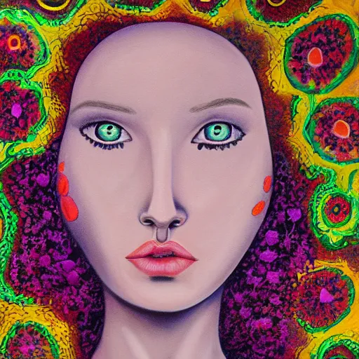 Prompt: a painting of a woman's face surrounded by flowers, a surrealist painting by alice mason, deviantart, psychedelic art, psychedelic, biomorphic, detailed painting