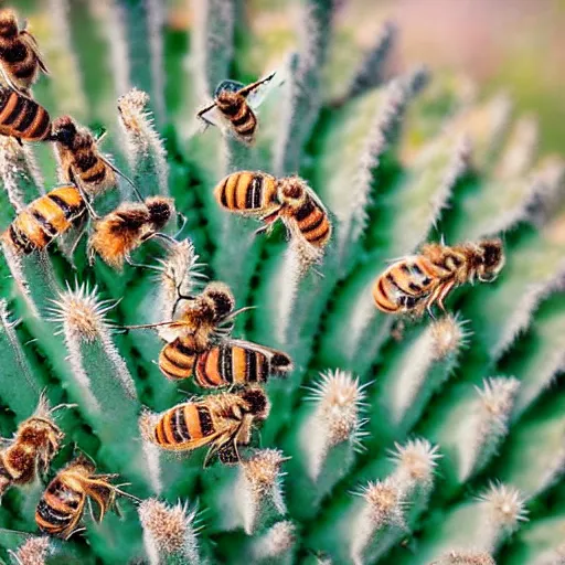 Image similar to close up shot of a swarm of bees around a cactus in the desert ultra realistic