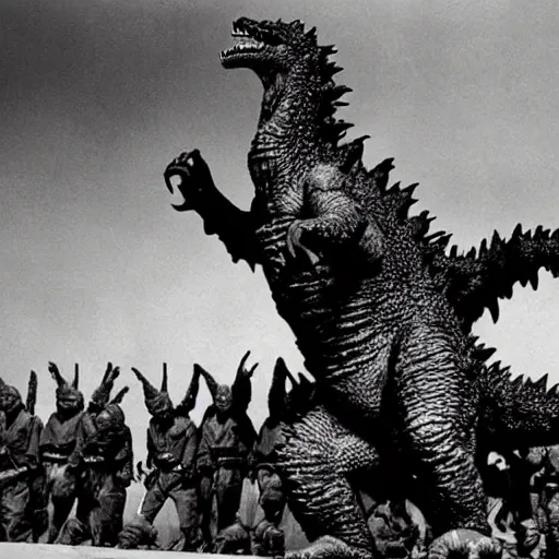 Image similar to army of godzilla on stage