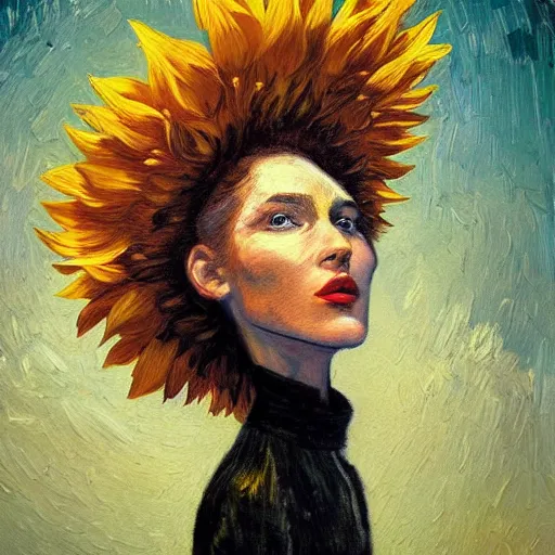 Image similar to giant sunflower head, woman in a luxury apartment, surreal, dramatic light, impressionist painting, digital painting, artstation, van gogh