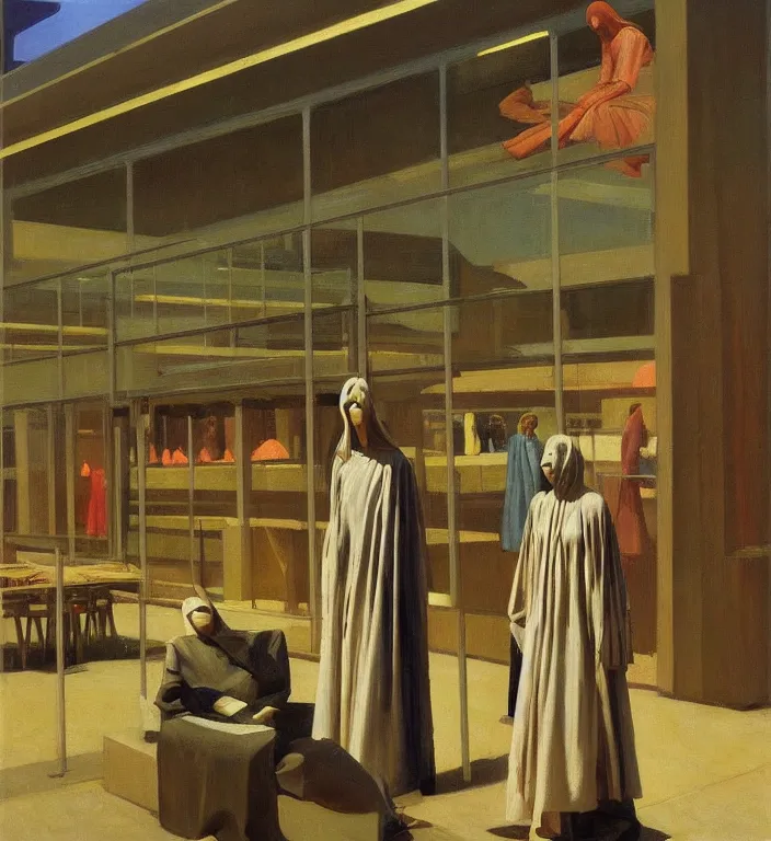 Image similar to magnificent woman in transparent robes, in magnificent shopping mall, oil painting by edward hopper, zdislav beksinski, wayne barlowe