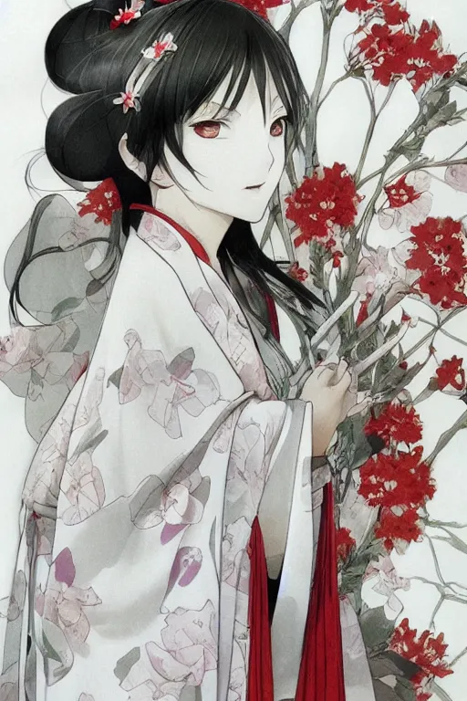 Prompt: beautiful girl, silver hair, white kimono with complex red flower patterns, full body, looking to camera(, showing her shoulder from back), ilustration by ((Takehiko Inoue)) ((and Krenz Cushart))