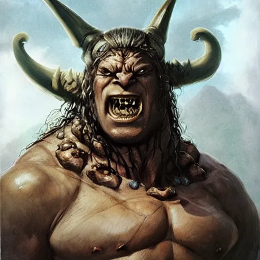 Image similar to head and shoulders ( ( ( vogue fashion photo portrait ) ) ) of an ogre barbarian, d & d, fantasy, greg rutkowski, frank frazetta, alexandre chaudret, boris vallejo, michael whelan, miro petrov, hr giger, magali villeneuve, donato giancola