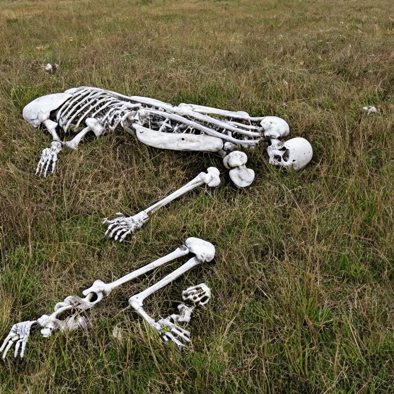 Image similar to decaying skeleton and bones. in a meadow