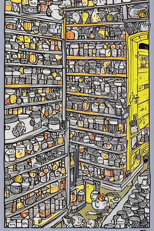 Image similar to mcbess illustration of a magical, mystical shop full of jars of sweets, rainbow gouache