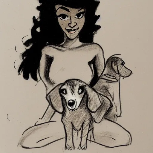 Image similar to milt kahl sketch of black hair cuban girl with dog nose