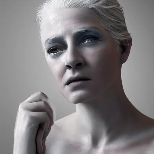 Image similar to cinematic photograph taken by annie leibovitz, hyper detailed, realistic female face and shoulders, white skin made from painted porcelain, white hair, fine facial features, white eyes and eyelashes, 8 k, 1 5 0 ml lens, elegant, white background pastel blue lighting, octane render, volumetric lighting