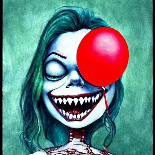 Image similar to grunge cartoon painting of margot robbie with a wide smile and a red balloon by chris leib, loony toons style, pennywise style, corpse bride style, horror theme, detailed, elegant, intricate