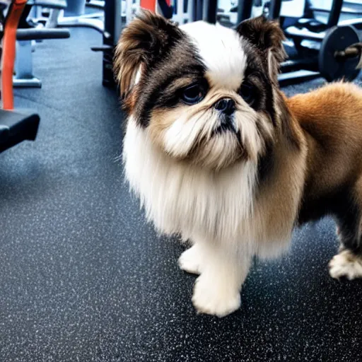 Prompt: a muscular shi-tzu at the gym