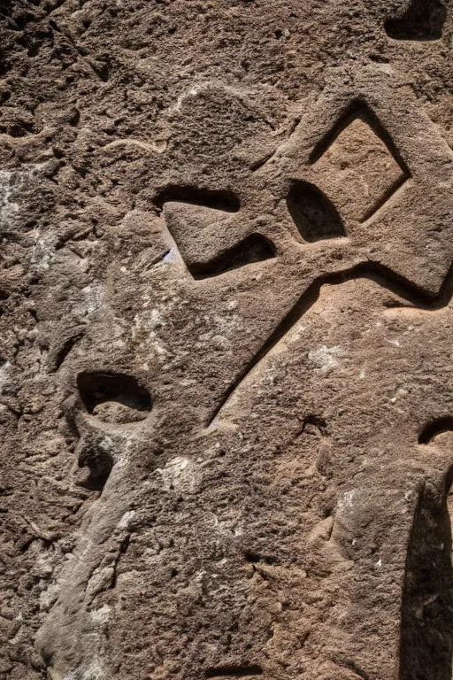 Image similar to 4 k photography of petroglyphs representing crosses, sauwastica, wifi symbol on a cave