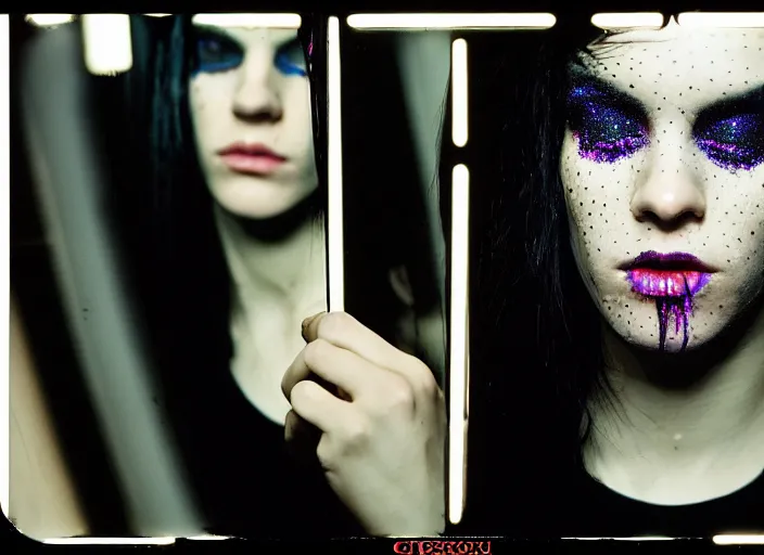 Image similar to cinestill 5 0 d candid photographic portrait by quentin tarantino of a beautiful feminine man wearing black techwear and glitter makeup looking in a broken bathroom mirror, cramped new york apartment, full shot, retrofuturism cyberpunk cinematic, 8 k, hd, high resolution, 3 5 mm, f / 3 2, ultra realistic faces, clockwork orange