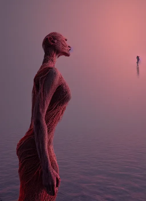 Image similar to melting woman inspired by zdzislaw beksinski, infinite lake, clothes made out of veins, rgb, cables everywhere, bedroom, ultra realistic, concept art, intricate details, highly detailed, photorealistic, octane render, 8 k