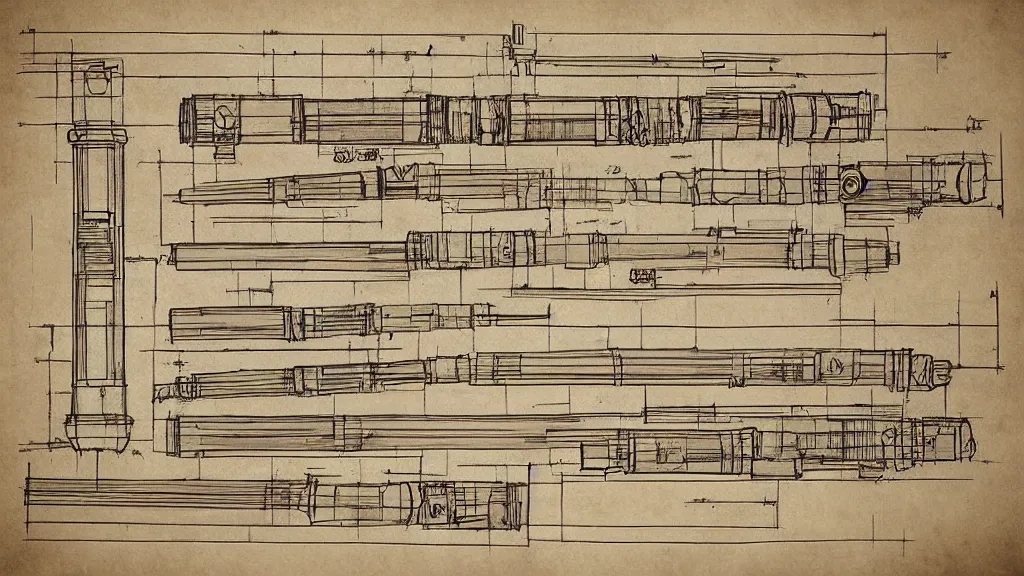 Image similar to renaissance blueprint of a lightsaber