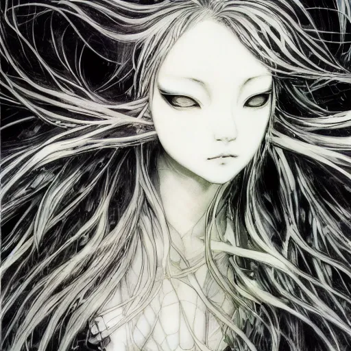 Image similar to Yoshitaka Amano blurred and dreamy illustration of an anime girl with black eyes, wavy white hair fluttering in the wind and cracks on her face wearing organic elden ring armor, abstract black and white patterns on the background, noisy film grain effect, highly detailed, Renaissance oil painting, weird camera angle