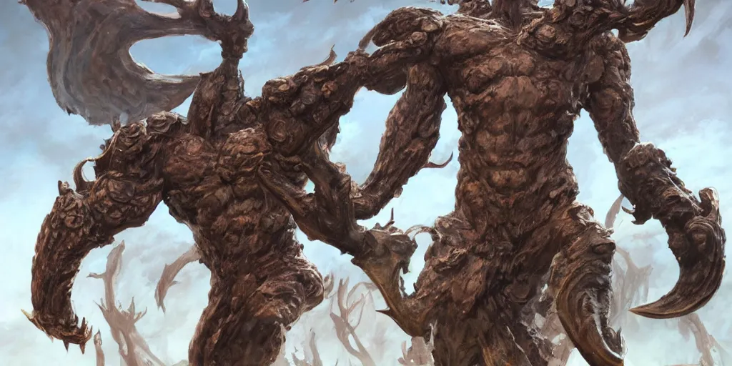 Image similar to Bronze four armed statue like colossus, character design sheet, Monster Hunter Illustrations art book, giant, trees growing on its body, enormous hands, long limbs, horns on its head, bright pale blue eyes, Moebius, Greg Rutkowski, Zabrocki, Karlkka, Jayison Devadas, Phuoc Quan, trending on Artstation, 8K, ultra wide angle, zenith view, pincushion lens effect.