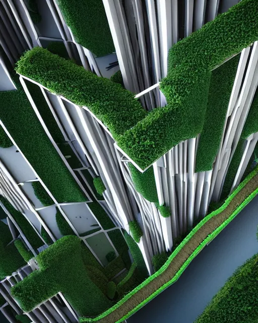 Image similar to 3 d illustration cycles render of futuristic environmental city architecture with building terraces covered in vegetation and high rise structures connected by bridges on multiple different levels by beeple and annibale siconolfi