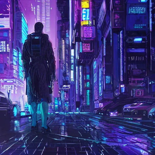 Prompt: high detailed dead android in a cyberpunk rainy city at night by Josan Gonzalez, purple and blue neons, unreal engine, high quality, 4K, UHD, trending on ArtStation, blade runner vibes, ghost in the shell, akira, dorohedoro