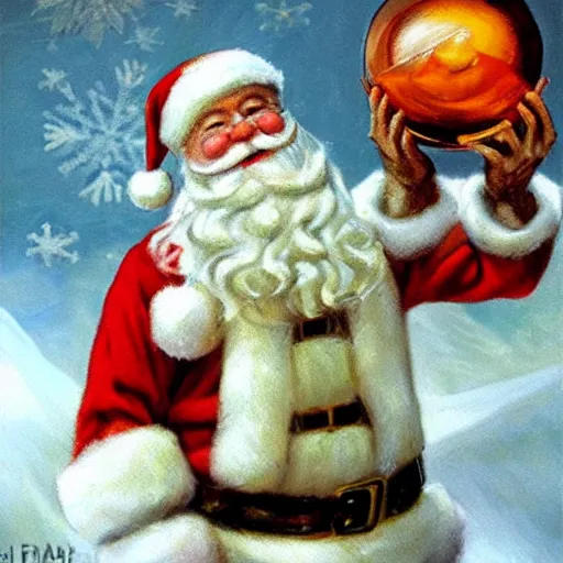 Prompt: an ultra - realistic oil painting of santa claus holding a snowglobe in the style of frank frazetta. 4 k. ultra - realistic. highly detailed. dark fantasy. epic lighting.