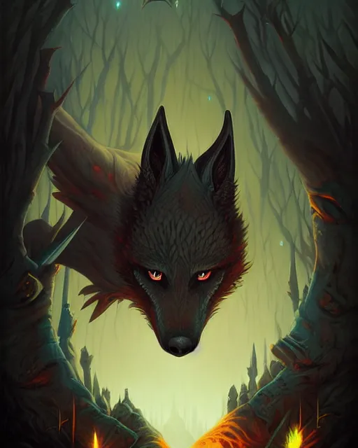Image similar to Draconic Wolf, irradiated fur, dark fantasy stylized illustration by peter mohrbacher and dan mumford