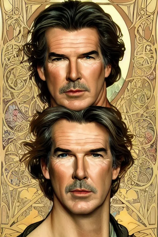 Prompt: realistic detailed face portrait of Pierce Brosnan in the style of Alphonse Mucha and Charlie Bowater, Art Nouveau ornaments, vivid colors