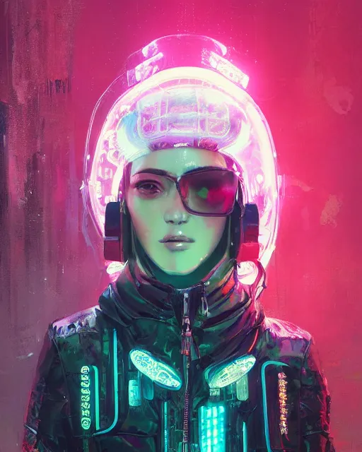 Image similar to detailed portrait Neon Operator Girl cyberpunk futuristic neon Reflective puffy coat, decorated with traditional japanese ornaments by ismail inceoglu dragan bibin hans thoma greg rutkowski Alexandros Pyromallis Nekro Rene Margitte illustrated Perfect face, fine details, realistic shaded, fine-face, pretty face