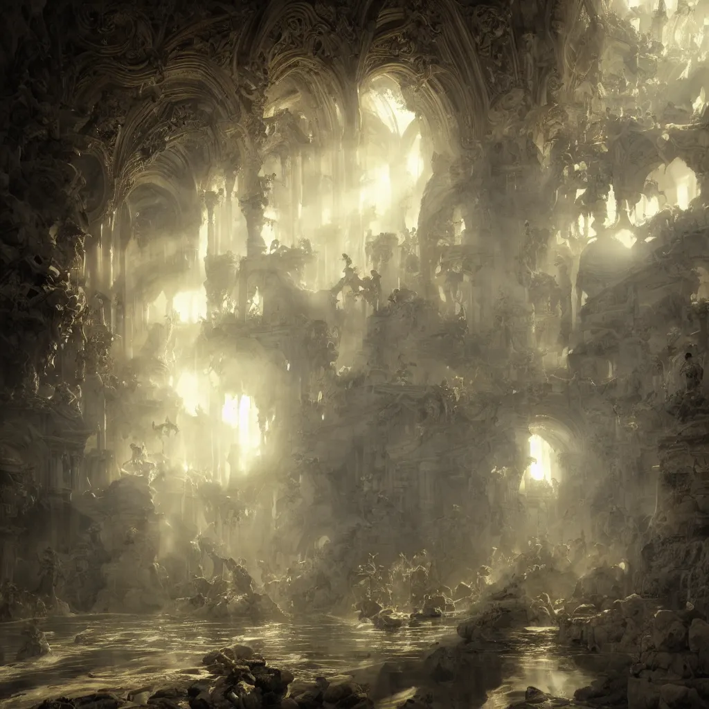 Image similar to gates of heaven, volumetric lighting, 8 k octane beautifully detailed render, post - processing, extremely hyper - detailed, intricate, epic composition, cinematic lighting, masterpiece, trending on artstation, detailed detailed detailed, masterpiece, stunning art by anders zorn, wonderful masterpiece by greg rutkowski, beautiful cinematic light,