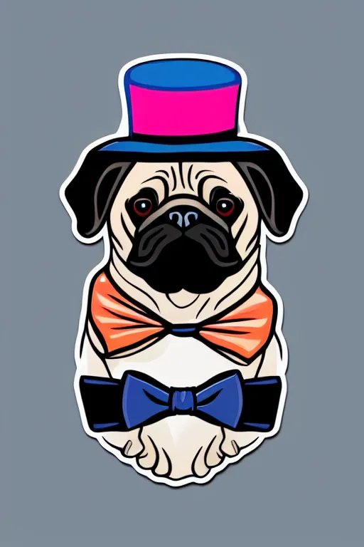 Image similar to A portrait of a pug wearing a top hat, sticker, colorful, illustration, highly detailed, smooth and clean vector curves, no jagged lines, vector art, smooth