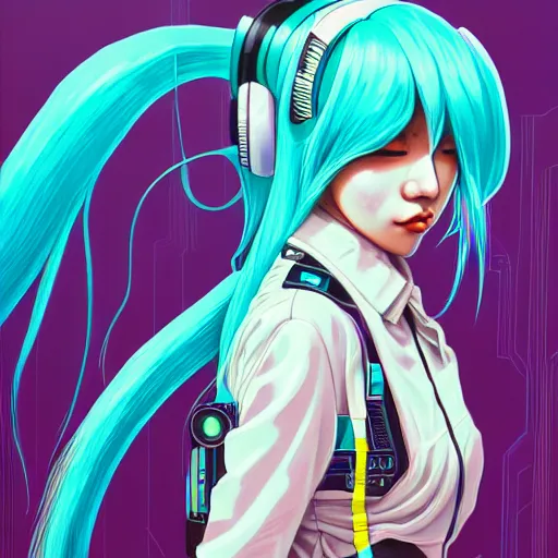 Image similar to high quality high detail 3 / 4 portrait of a hatsune miku as diesel punk character in an futuristic world, techwear, tristan eaton, victo ngai, artgerm, rhads, ross draws, hyperrealism, intricate detailed, alphonse mucha, pastel colors, vintage, artstation