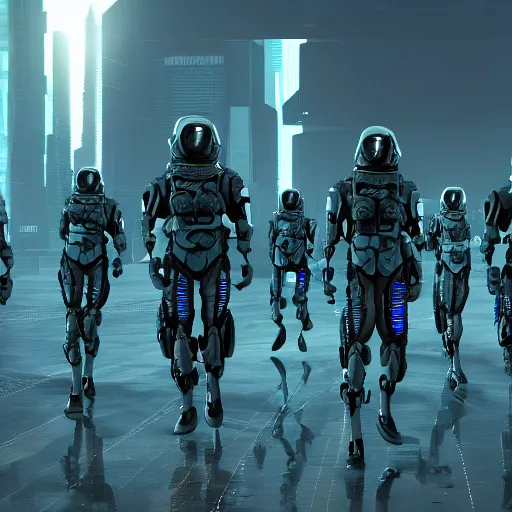 Prompt: cyberpunk dominant fish - like humanoid soldiers in space, digital render 4 k