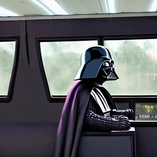 Image similar to Darth Vader taking the bus, photo realistic, award-winning, highly-detailed