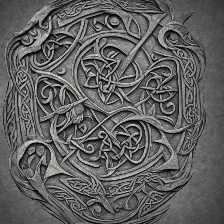 Image similar to medieval celtic ornament with mystic birds and flowers, highly detailed, photorealistic, octan render, 3 d, stone carving, basalt texture