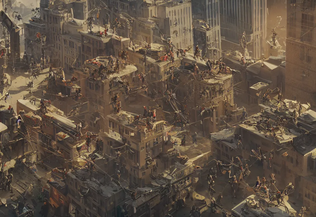 Prompt: accidentally wes anderson award - winning photograph of boston dynamics robots fighting with bureaucrats in suits in city ruins, epic battlescene, 4 k, detailed, art by greg rutkowsky, trending on artstation, cinematic lighting, filmic grain, golden hour, detailed, 4 k