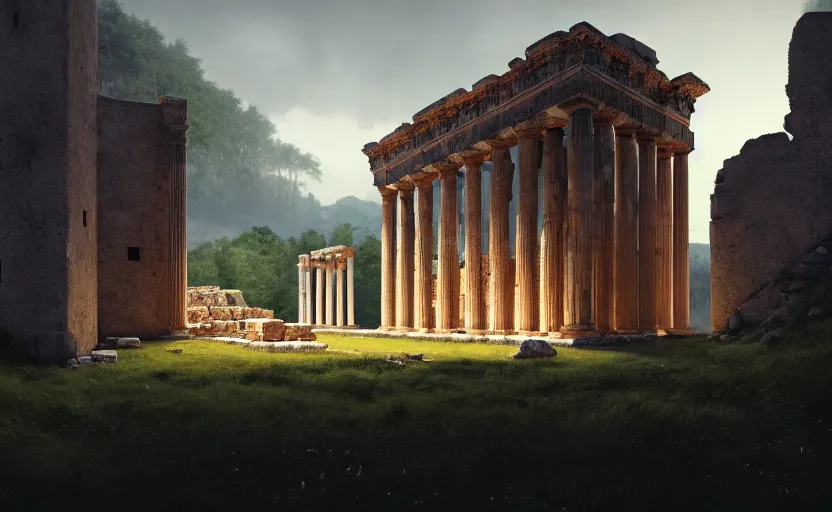 Image similar to exterior shot of utopian ancient roman temple with cinematic lighting by peter zumthor and renzo piano, darek zabrocki and greg ruthkowski, simon stalenhag, cinematic, holy place, paradise, scifi, futurism, atmospheric, concept art, artstation, trending on artstation