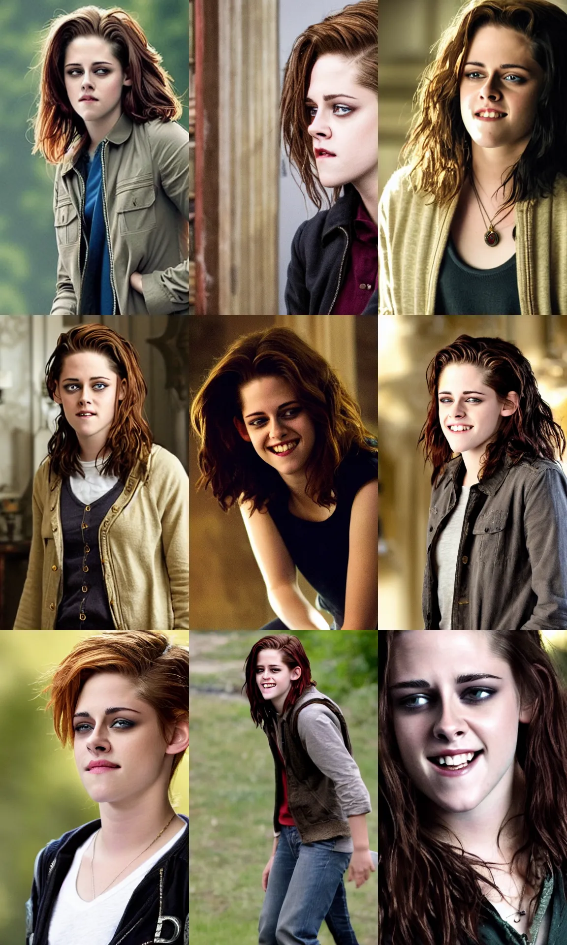 Prompt: Kristen Stewart as Hermione Granger, smiling