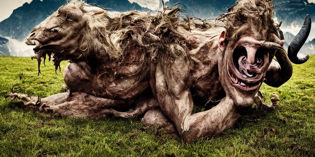 Prompt: historical sharp 4 k photograph of a man turning into a grotesque monster with goathorns and roots growing from his face in a pasture in the alps