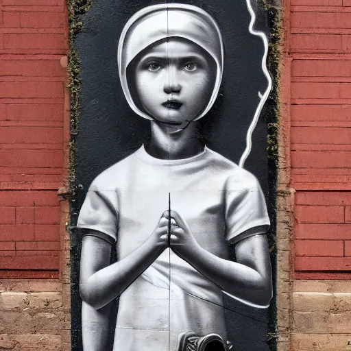 Image similar to ultra hyper realistic, public art, artstation, details, 8 k saint aloysius mural tagging, very clear picture, cinematic lightning, smooth, hdd, style of banksy