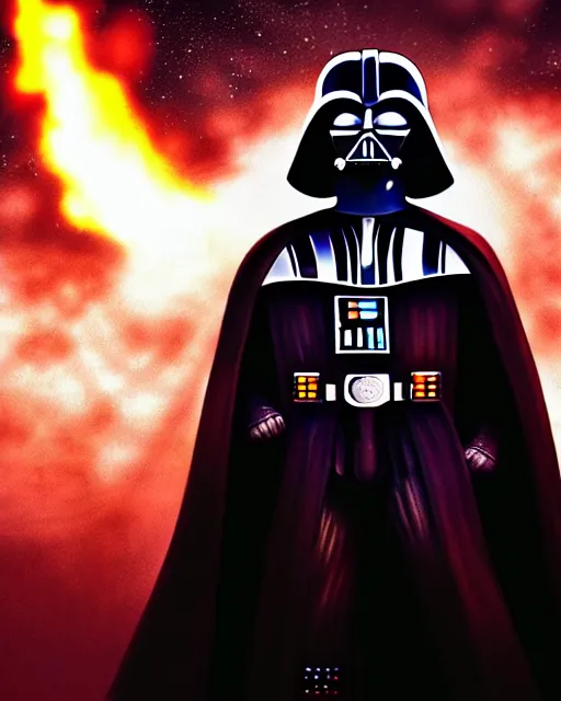 Image similar to enamel painting portrait of darth vader, burning city background, high production value, intricate details, high resolution, hdr, high definition, masterpiece, realistic, ultrarealistic, highly detailed, hd, sharp focus, non blurry, sharp, smooth