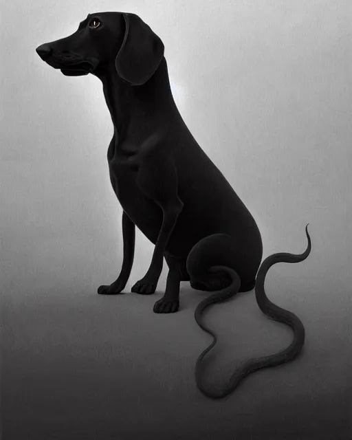 Image similar to painting black coat dachshund, by zdzislaw beksinski, by mattias adolfsson, by tiffany bozic, cold hue's, warm tone gradient background, concept art, single object scene, beautiful composition, digital painting