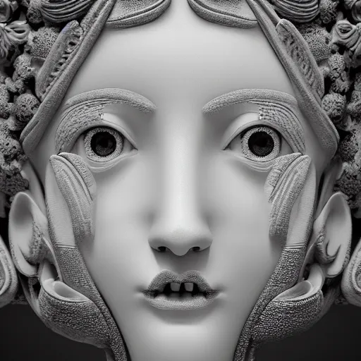 Image similar to marble goddess, intricate, detailed, 4 k, octane render, black and white, intricate background