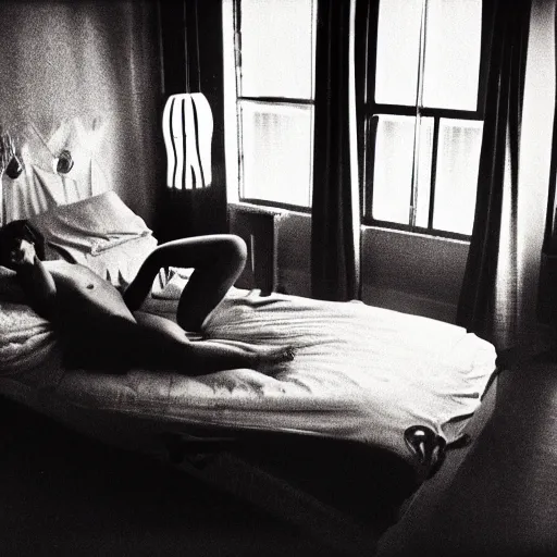 Image similar to a bed, alone in a disco, 1980's style, dramatic lighting