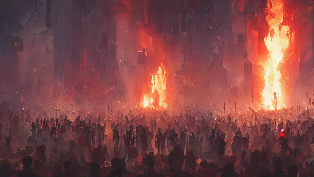 Prompt: protesters holding placards, abstract digital illustration by greg rutkowski, fire, android netrunner, nighttime