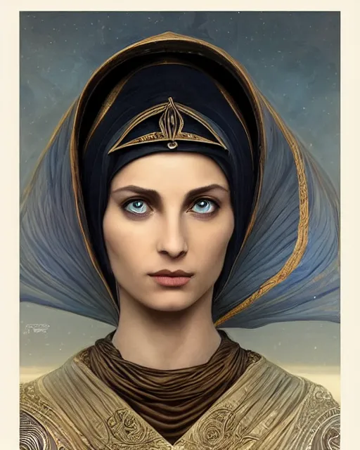 Image similar to portrait of saint alia atreides of the knife, her eyes are dark blue, blue eyes of the ibad, dune, arab culture inspiration, oriental, science fiction, frank herbert, intricate, elegant, highly detailed, digital painting, artstation, concept art, sharp focus, illustration, art by artgerm and greg rutkowski and alphonse mucha